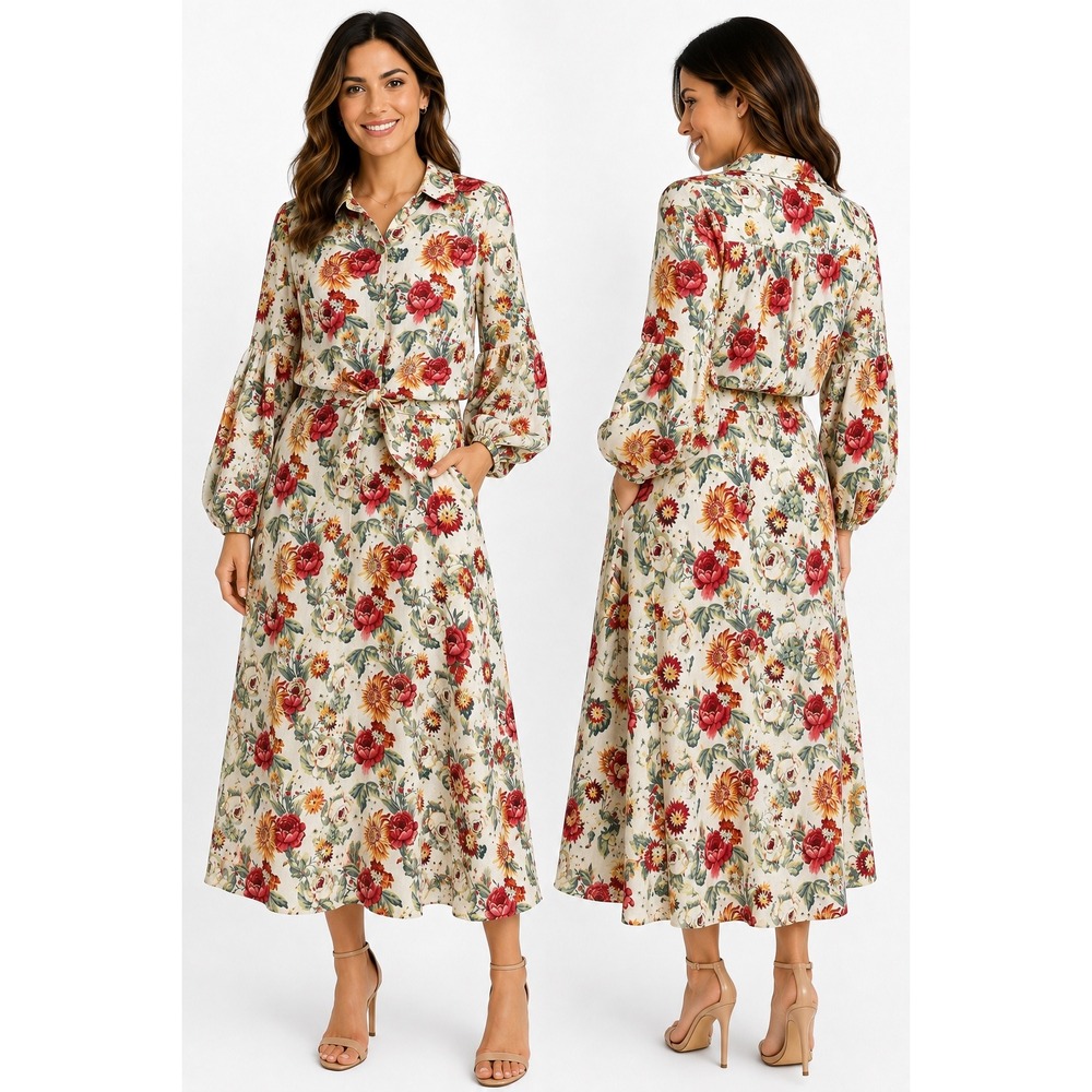 Kaktus Floral Linen Blend 2 Piece Top Maxi Skirt Set Tie Waist Pockets Large